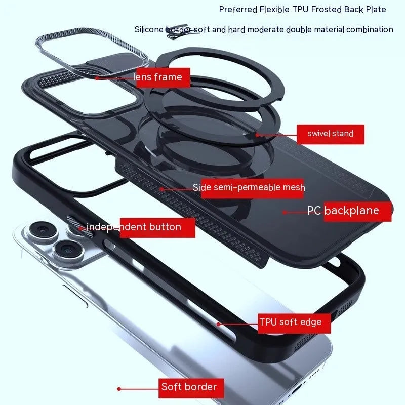 Rotating bracket magnetic suction phone case for iPhone showing frosted finish and integrated metal ring