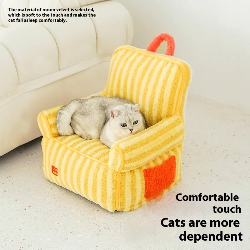 Striped plush fabric dog bed with removable cover in yellow, orange or purple colours