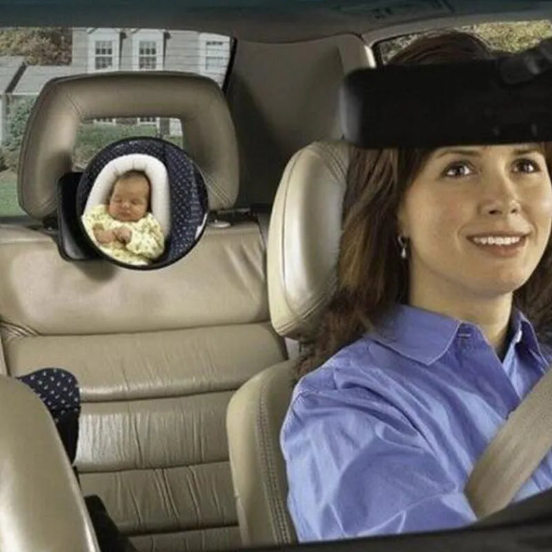 Black ABS car baby rearview mirror with 17cm diameter and adjustable ribbon straps for child observation