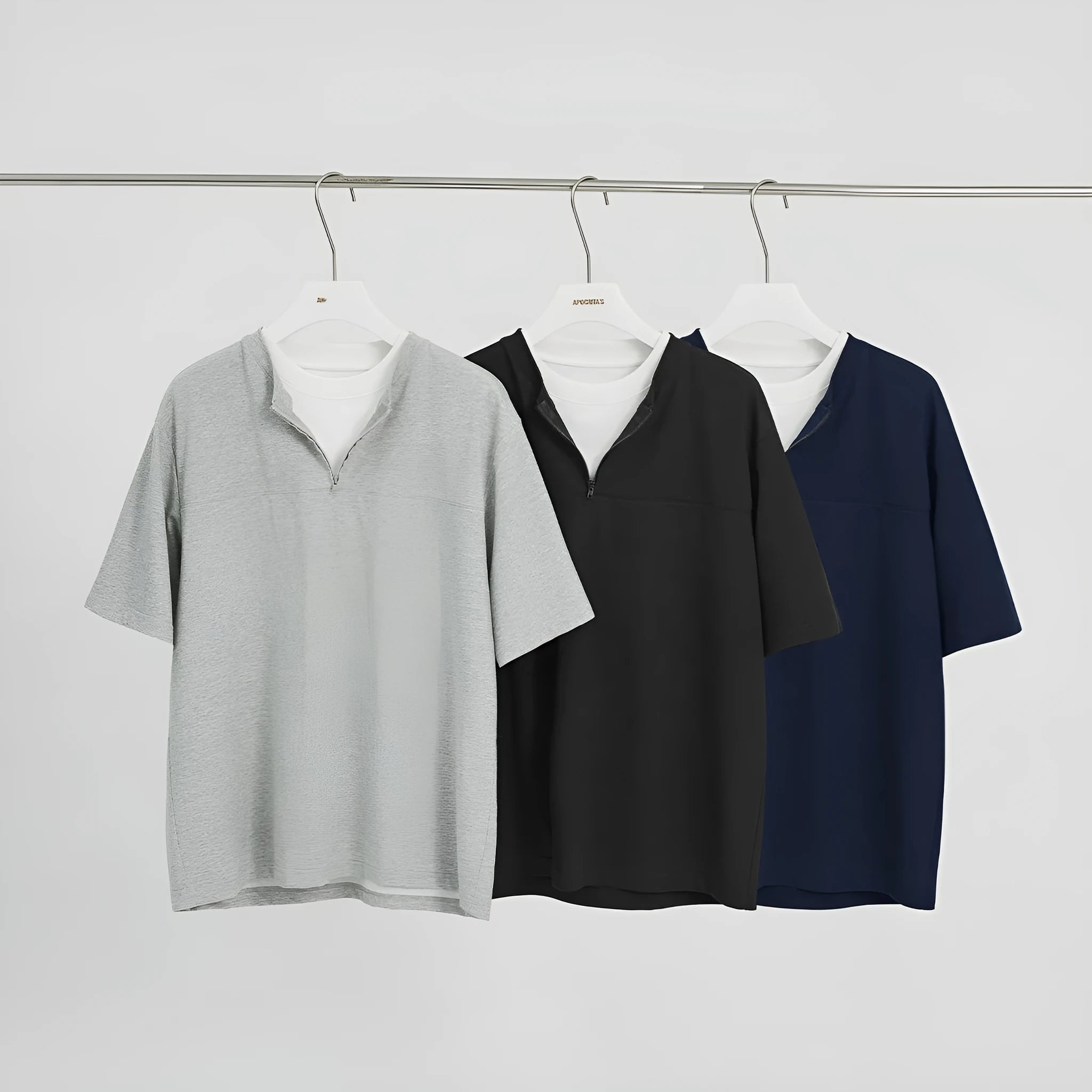 Women's loose blue patchwork top with a zip false two-piece design
