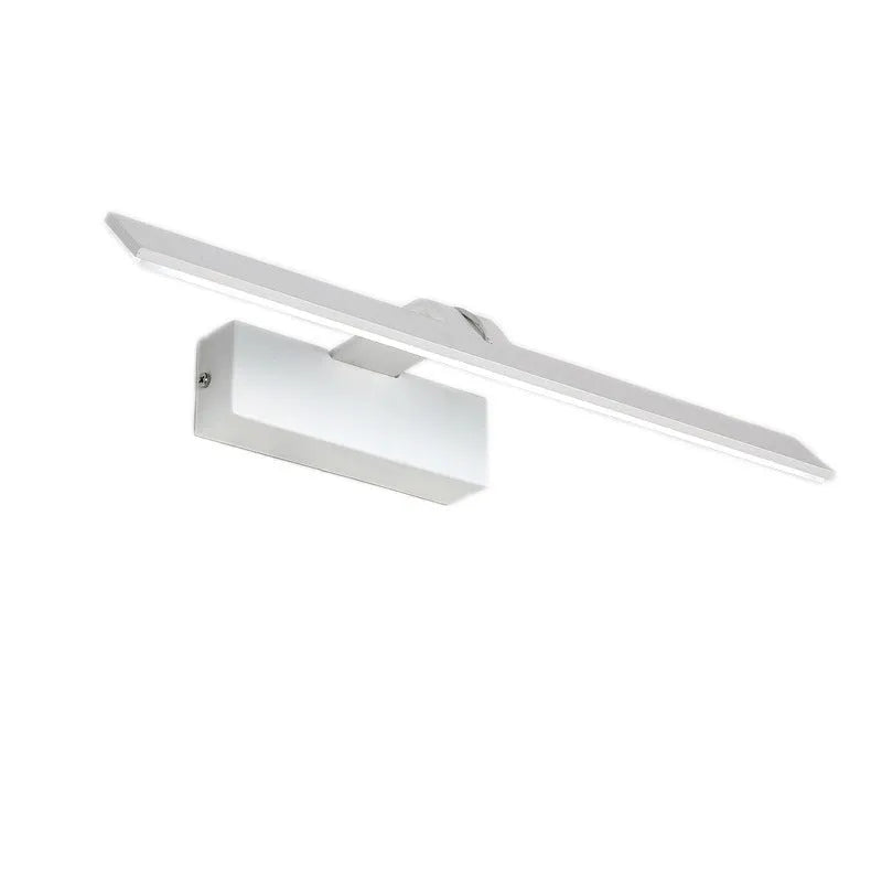 White frameless LED mirror headlight for bathroom vanity with tri-colour dimmable lighting.