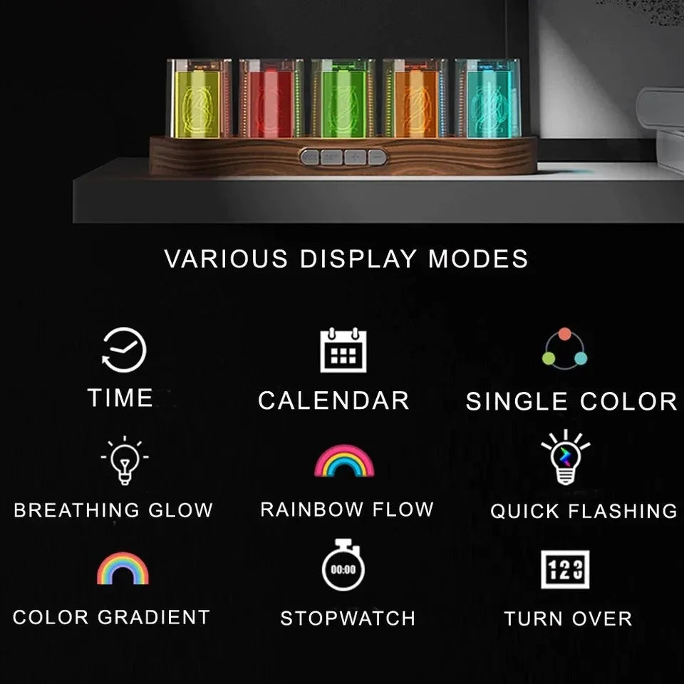 RGB LED digital tube clock showing time display with colourful lighting on desktop