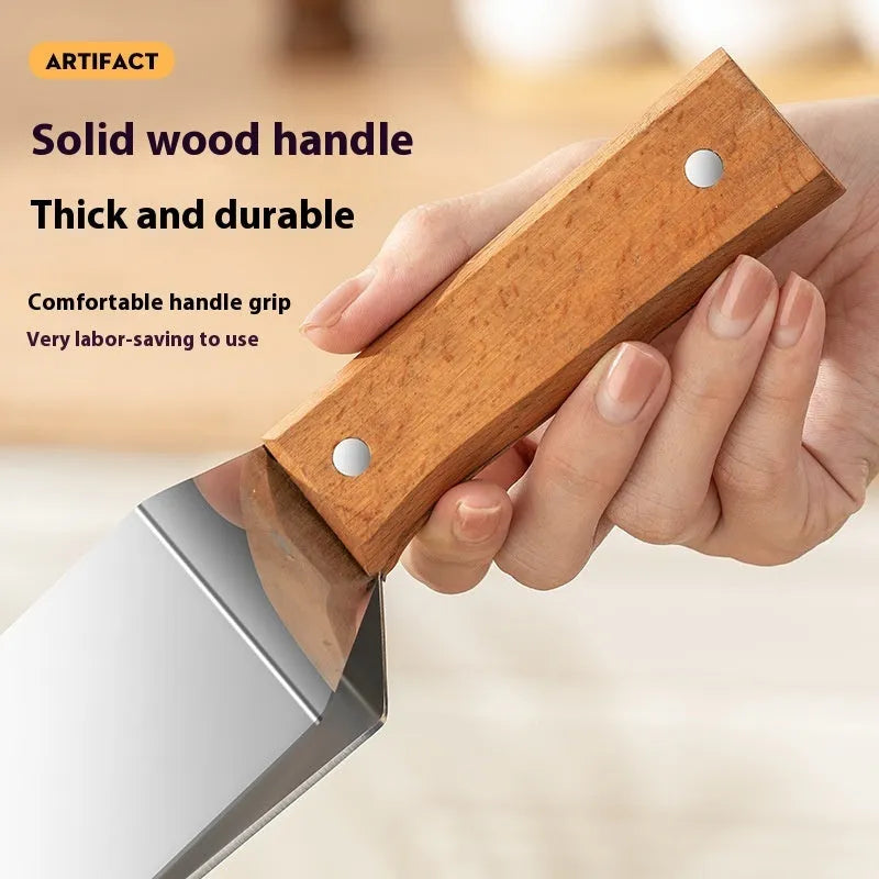 Stainless steel triangle fruit cutter knife with a removable protective cover for slicing melon and watermelon.