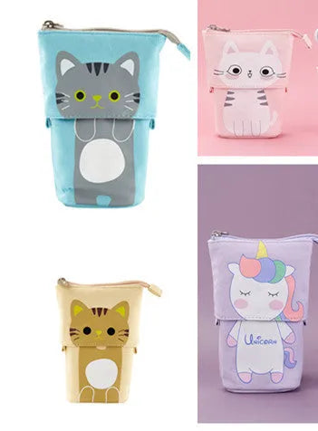 Round Korean-style canvas pencil case with cartoon animal prints measuring 19x7.5x12.5cm