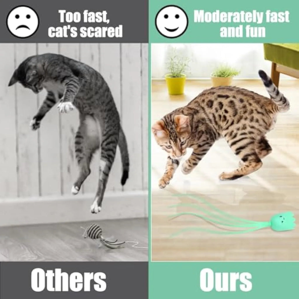 Green rechargeable automatic electronic cat wand toy with swinging silicone tail on a wooden floor