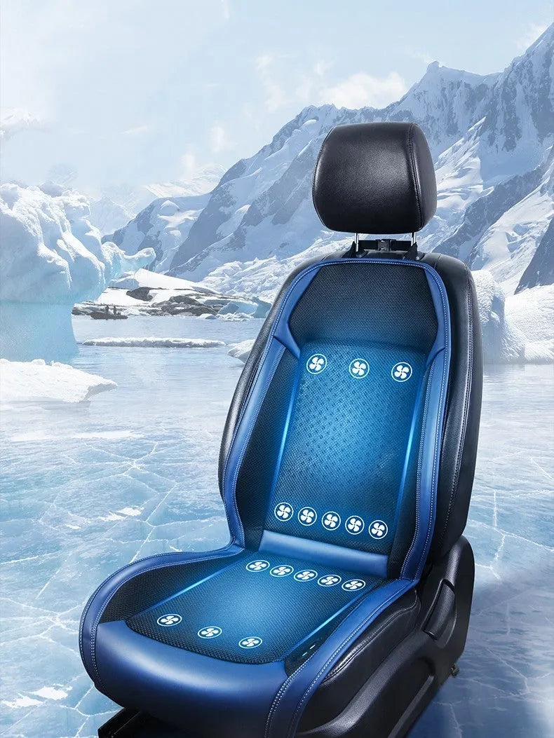Minimalist black car seat cooling pad with USB-powered ventilation system for summer driving