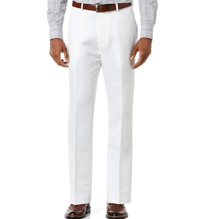 Men's solid colour linen blend trousers with slant pockets laid flat, showing beige white colour option.