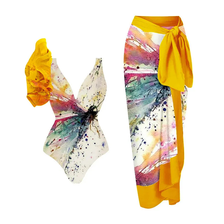 Yellow women's conservative one-piece swimsuit with belly coverage and sleeveless design