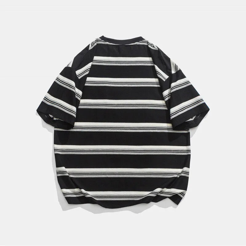 Casual loose striped round neck cotton short sleeve T-shirt in black front view