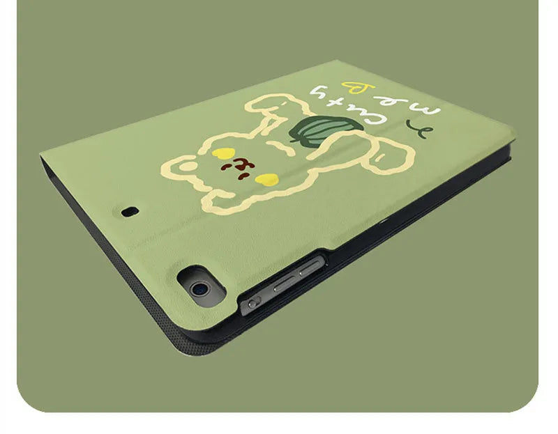 Korean cartoon flip tablet case for iPad with Matcha Zoo design, imitation leather exterior, and sleep function
