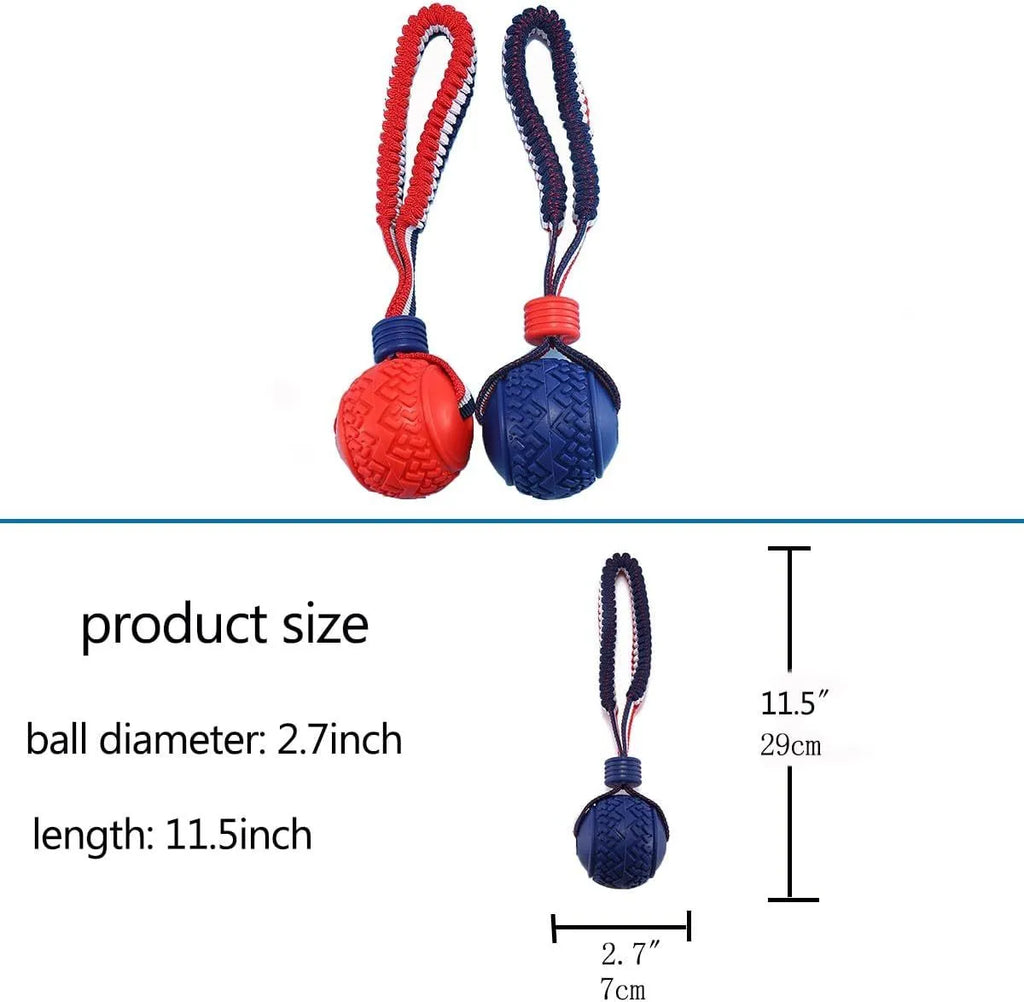Blue dog toy showing a textured rubber ball attached to a woven rope, for small and medium breed dogs.