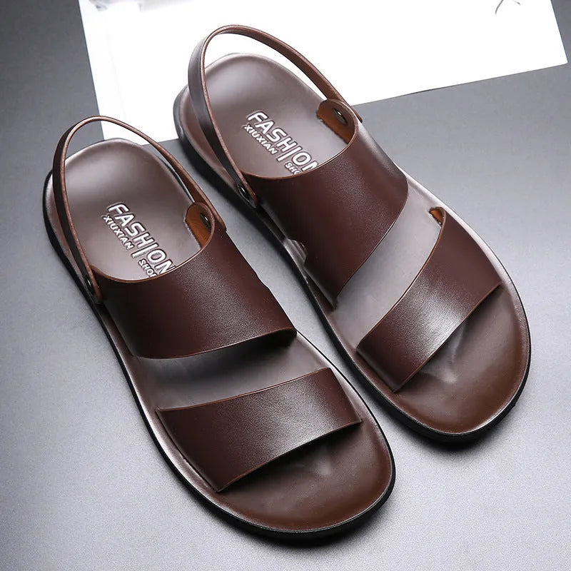 Men's casual beach sandals with cow split leather upper, open toe, and slingback strap in brown colour