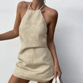 Solid colour linen A-line dress for women on a hanger.