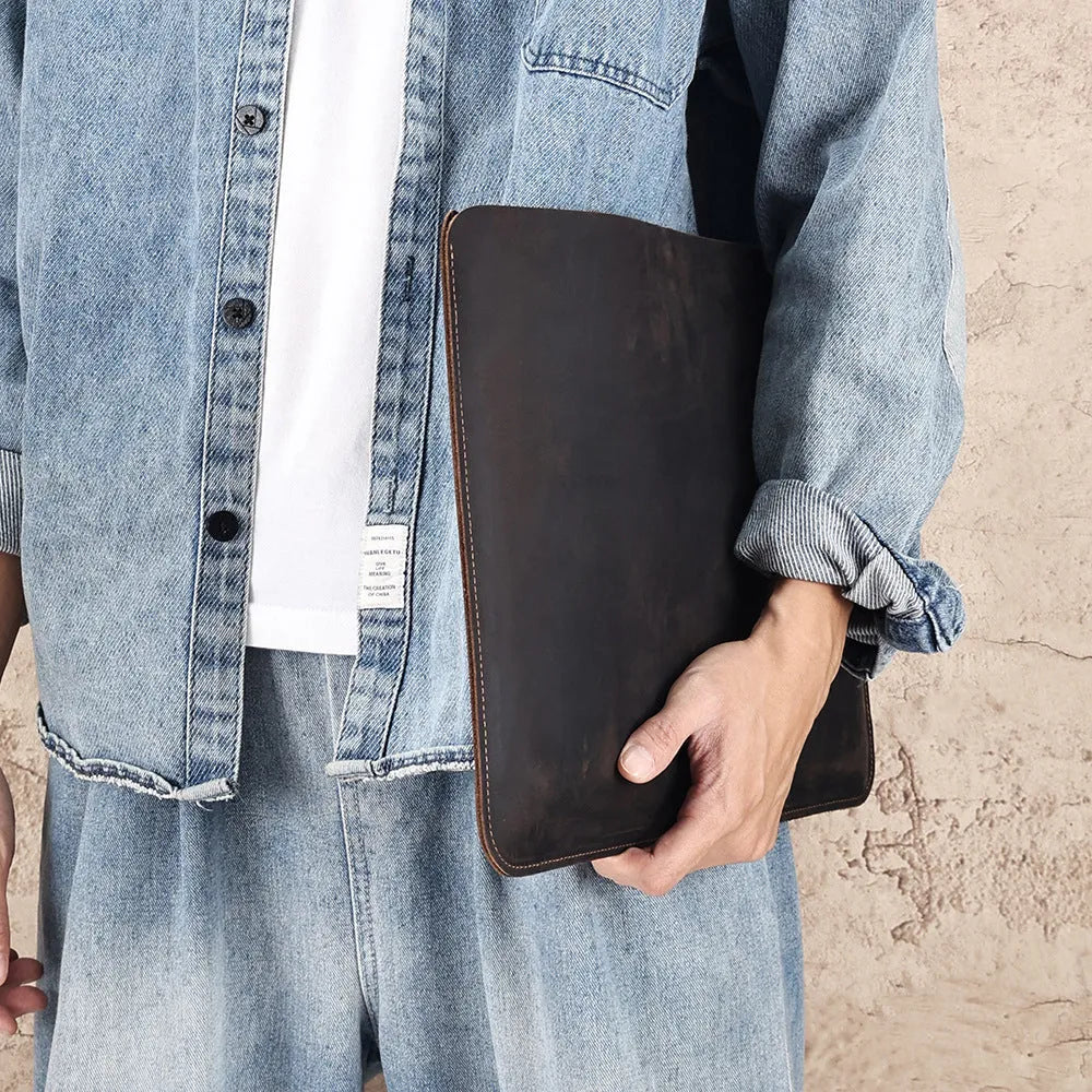 Brown crazy horse leather computer liner bag with first layer cowhide construction in L and M sizes