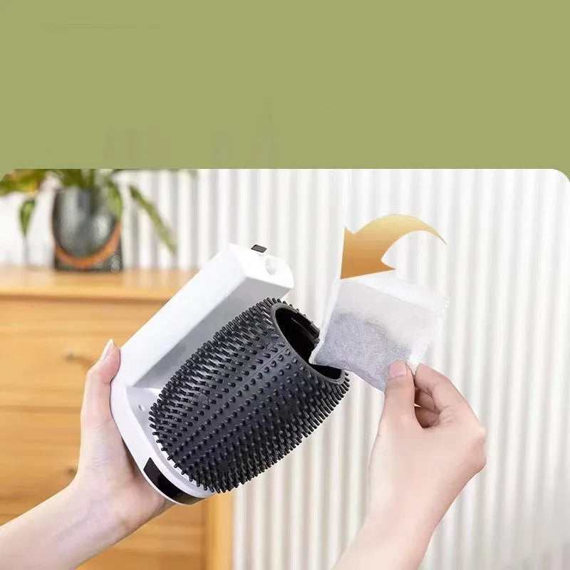 White automatic cat self groomer wall corner brush with silicone bristles for grooming and scratching