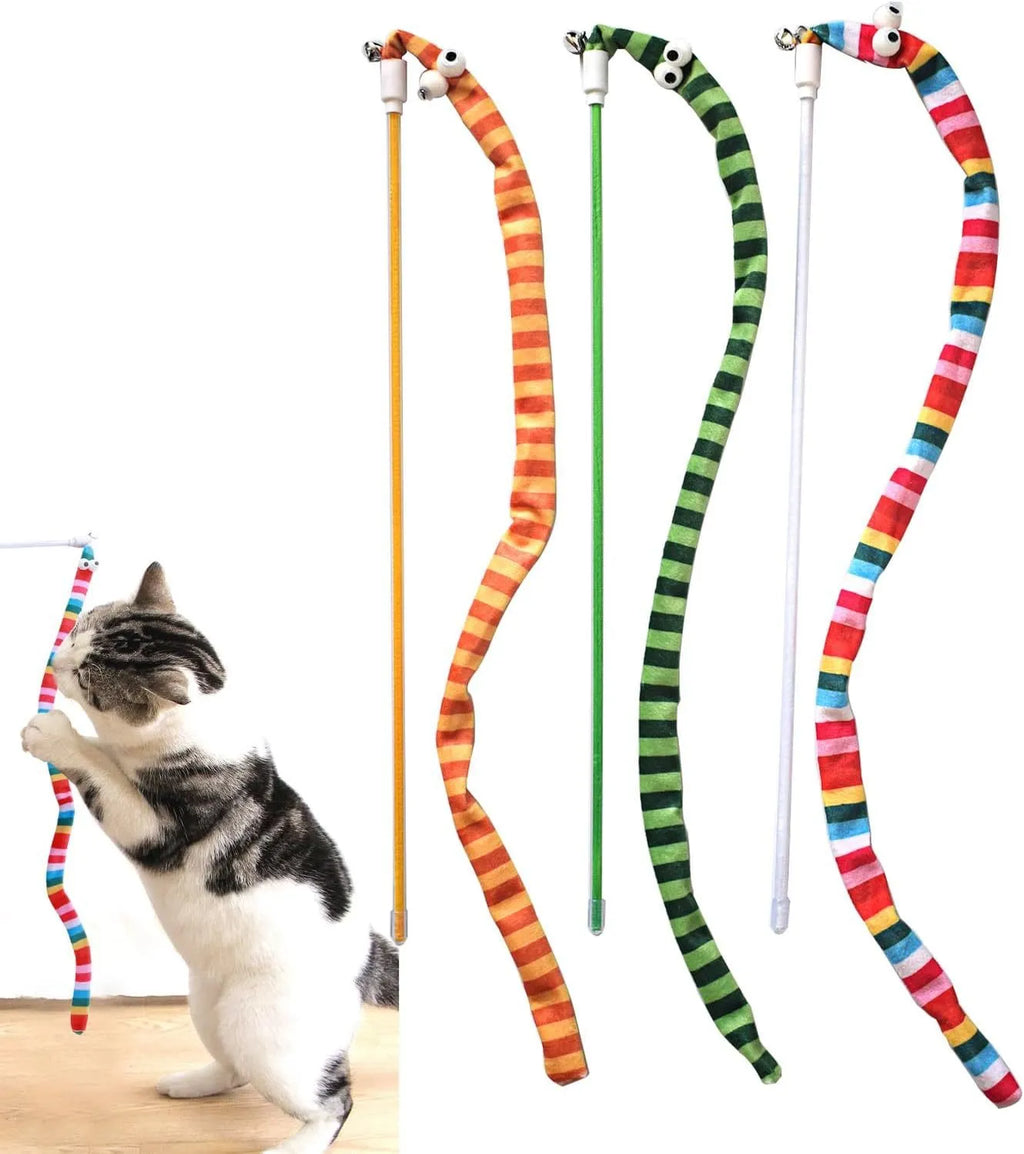 Cat wand toy with polycarbonate wand and long plush strip in vibrant colours for interactive play