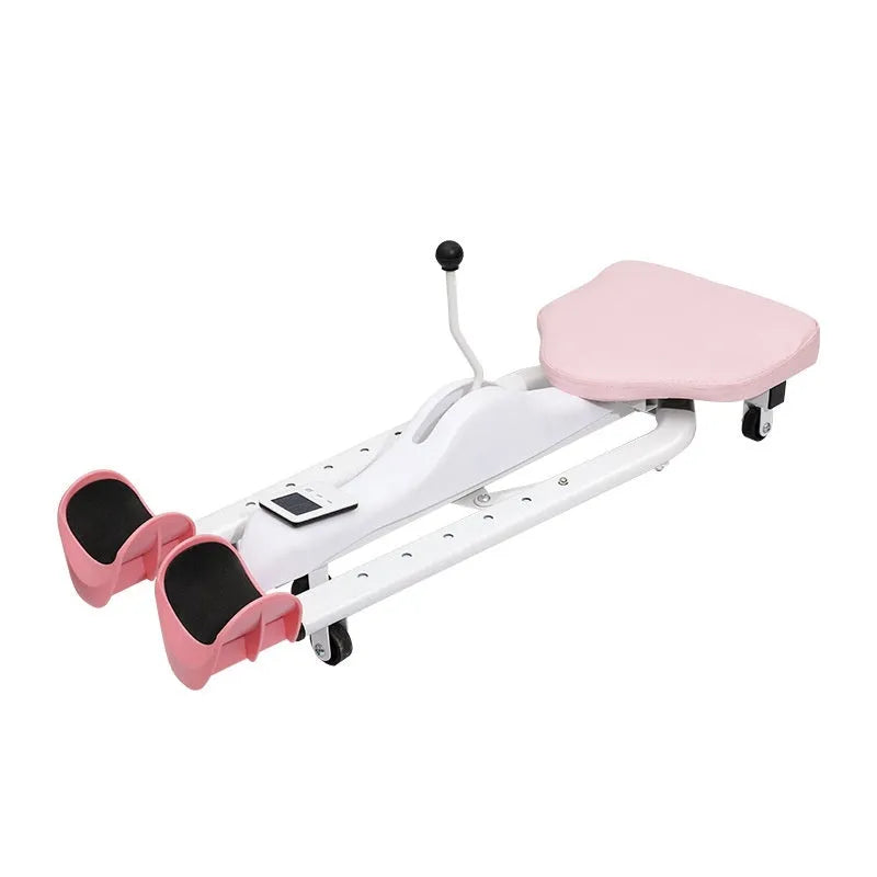 Pink leg stretching equipment with steel frame and foam padding for flexibility training