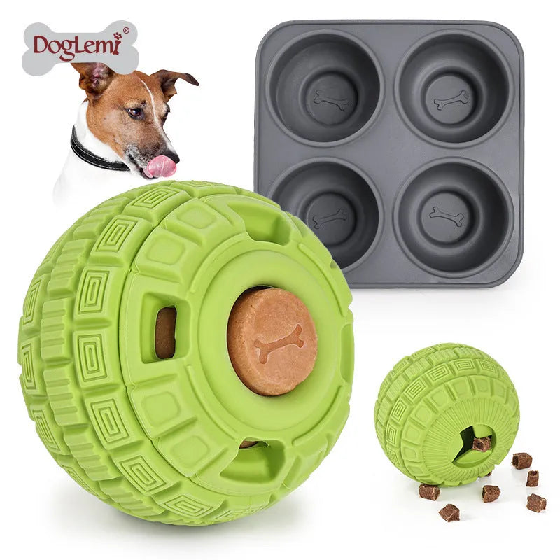 Green or orange natural rubber dog food dropping ball toy for interactive feeding.