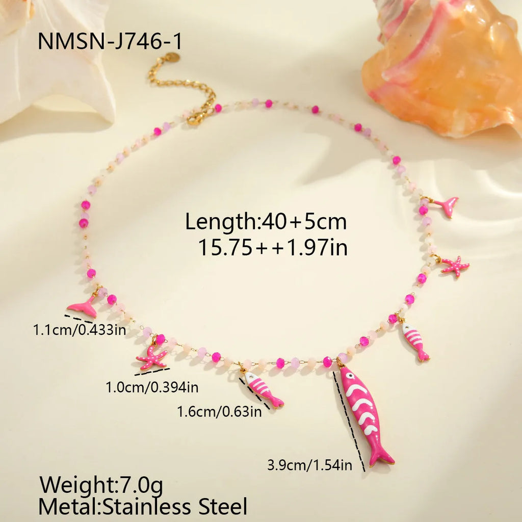 Stainless steel fish pendant necklace with colourful beads, 18K electroplated, pink or blue, 41-50cm chain