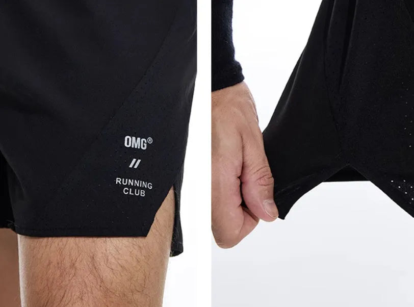 Black and blue four-point stretch running shorts with laser-punched seams on a mannequin.