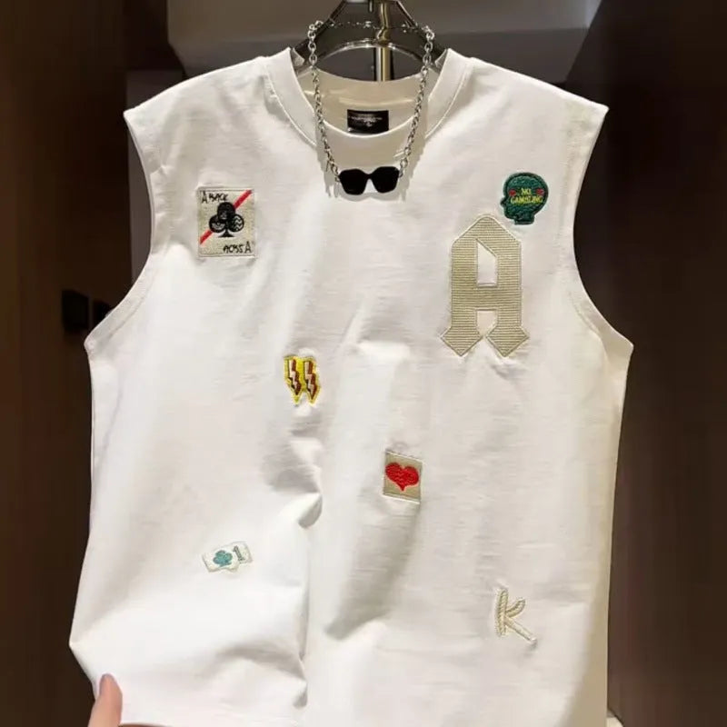 Men's loose-fit cotton sleeveless vest with a cartoon print, shown in black.