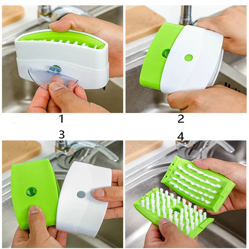 Kitchen cleaning brush with knife fork chopstick scrubbers and suction cup base in blue green pink colours