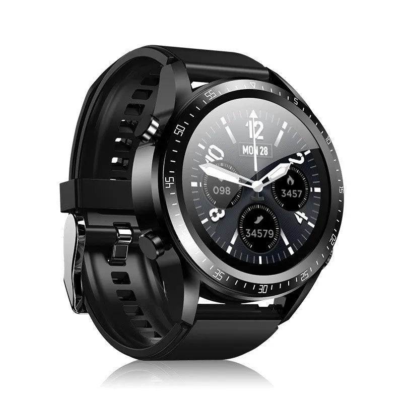 Black smart watch with health monitoring on silicone wrist strap showing blood pressure and oxygen tracking display