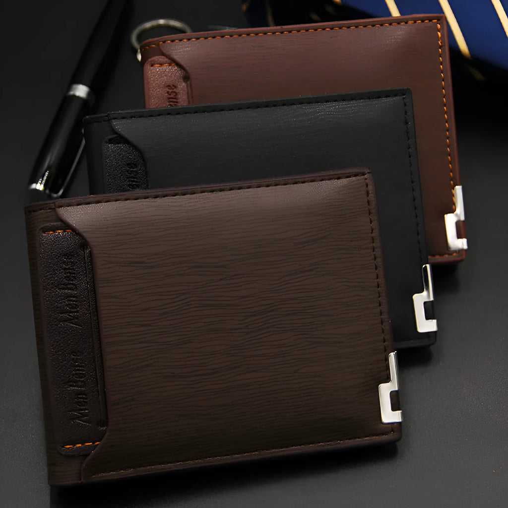 Men's black iron-edge short wallet showing card slots and coin compartment
