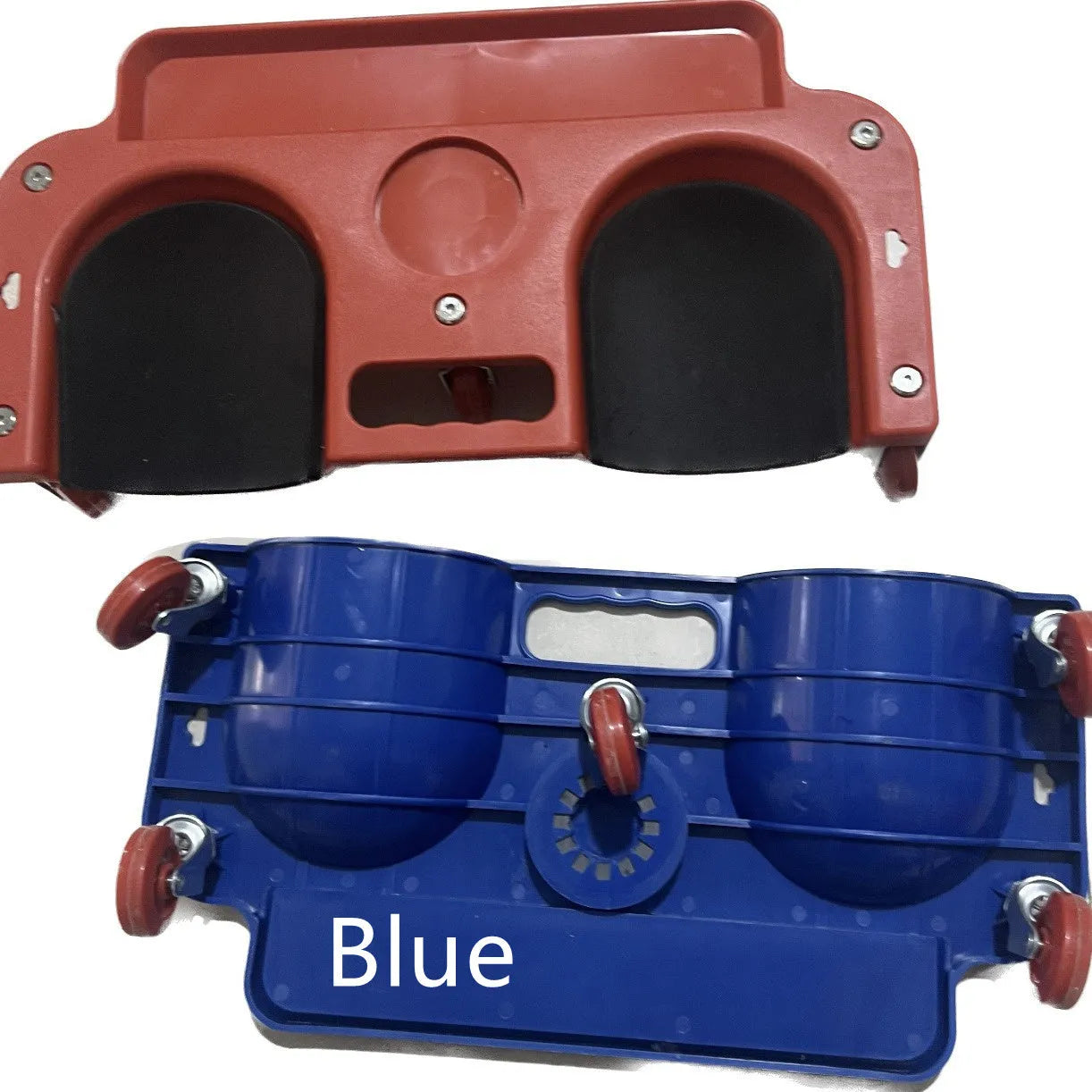 Blue car repair knee board with universal wheels and built-in knee pad on concrete garage floor