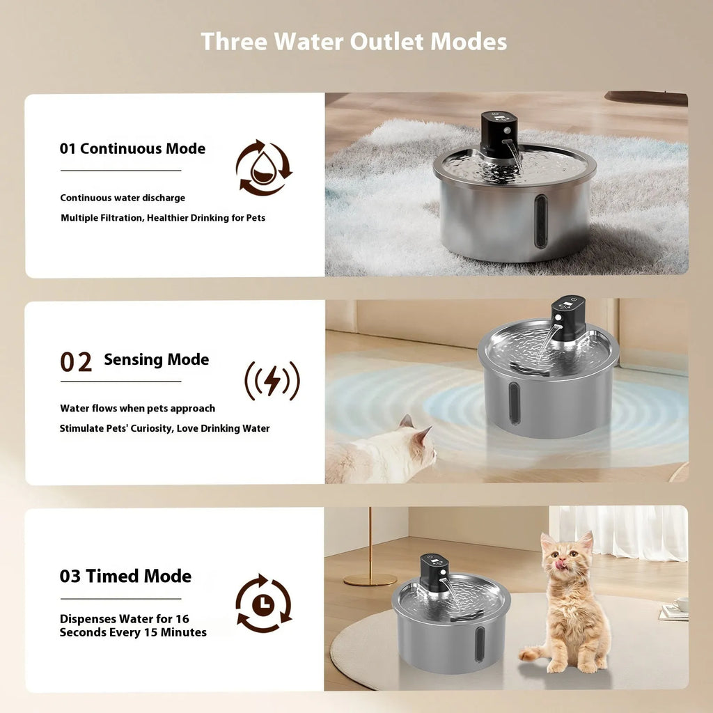 White stainless steel heated pet water fountain for cats and dogs on a countertop.