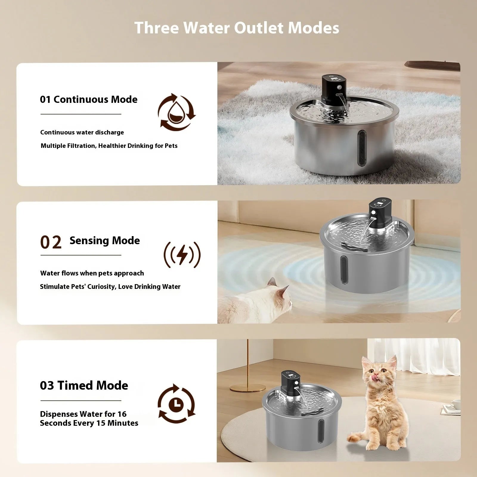 White stainless steel heated pet water fountain for cats and dogs on a countertop.