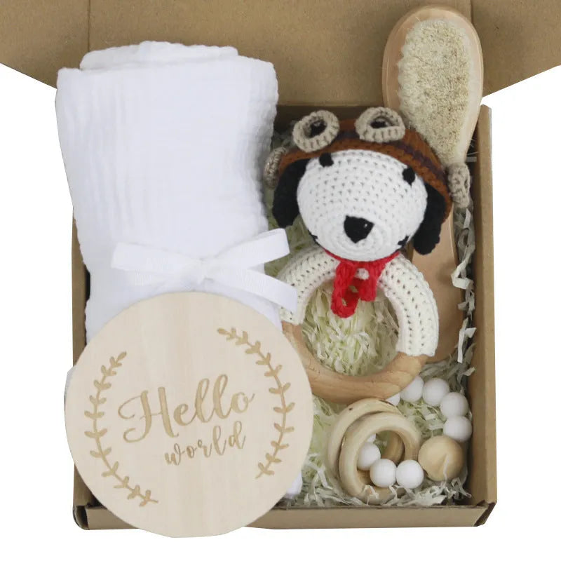 Baby teething gift set with wooden toys and large bamboo-cotton gauze blanket in assorted colours
