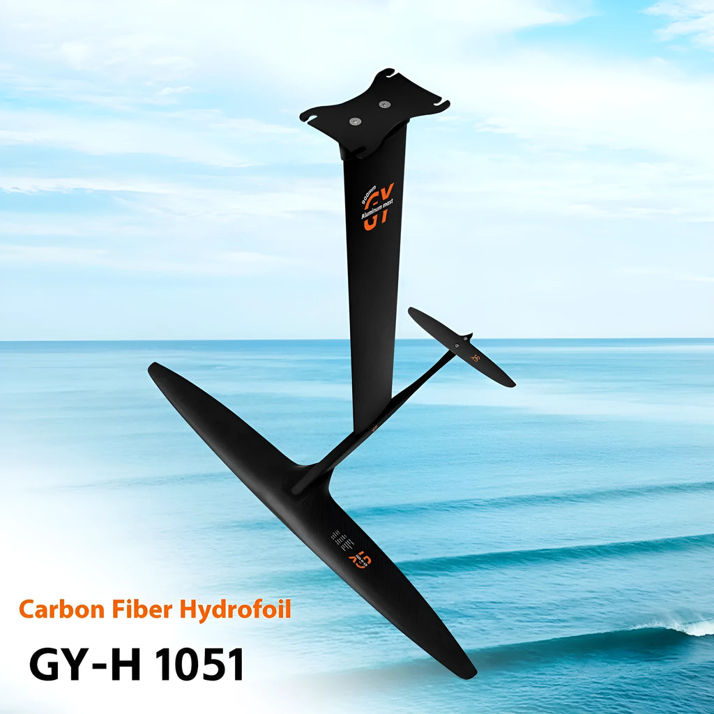 Black carbon fibre racing hydrofoil with aluminium components and 1051mm front wing