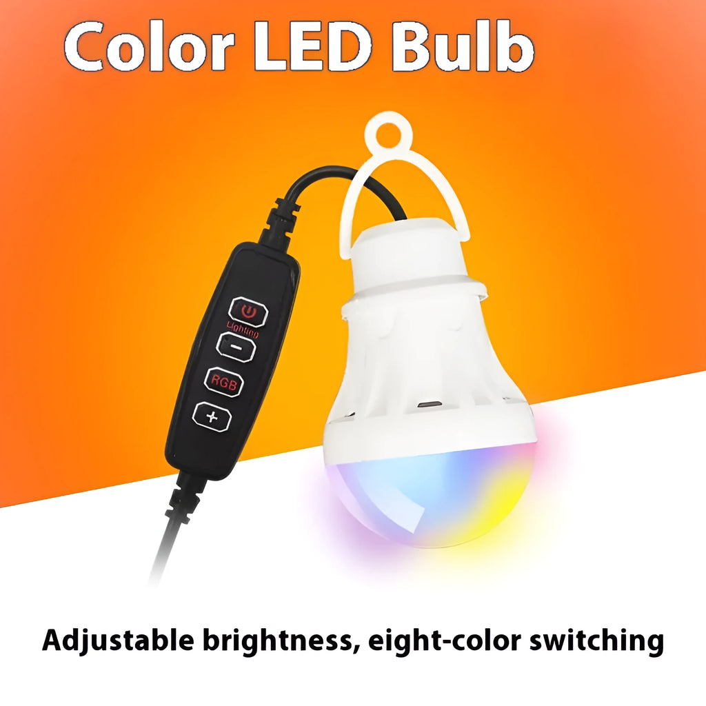 USB-powered RGB magic colour bulb with a long white control cable and a small remote unit on a white background.