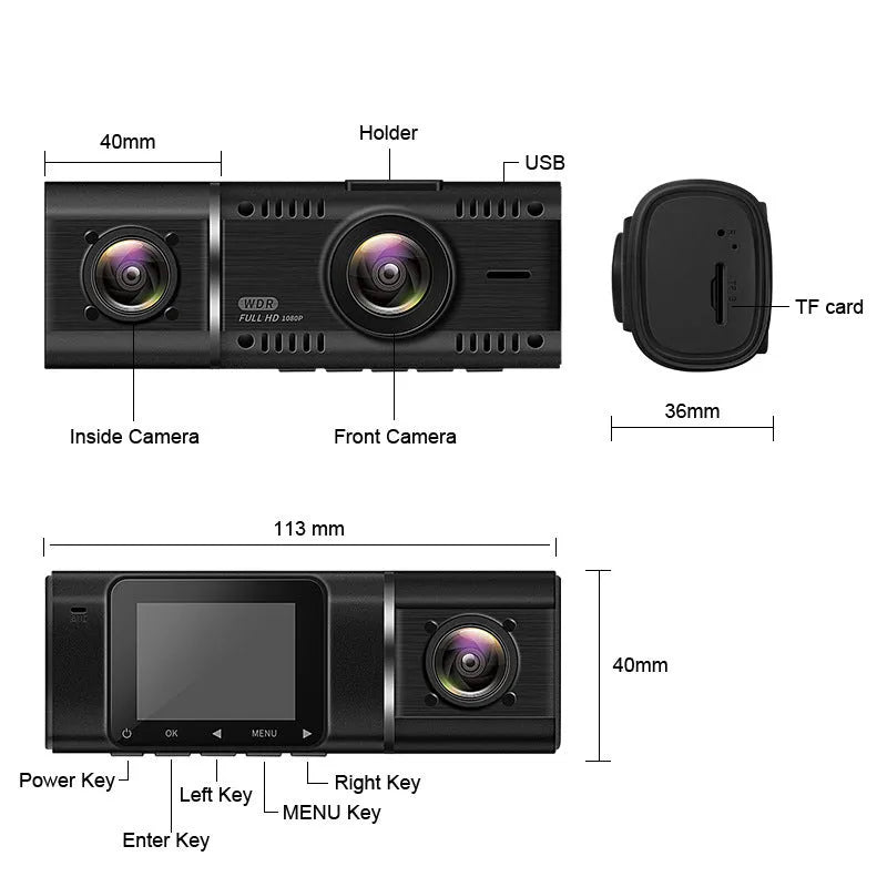 Black car dashcam on stand with 1.5-inch screen for front and rear recording.