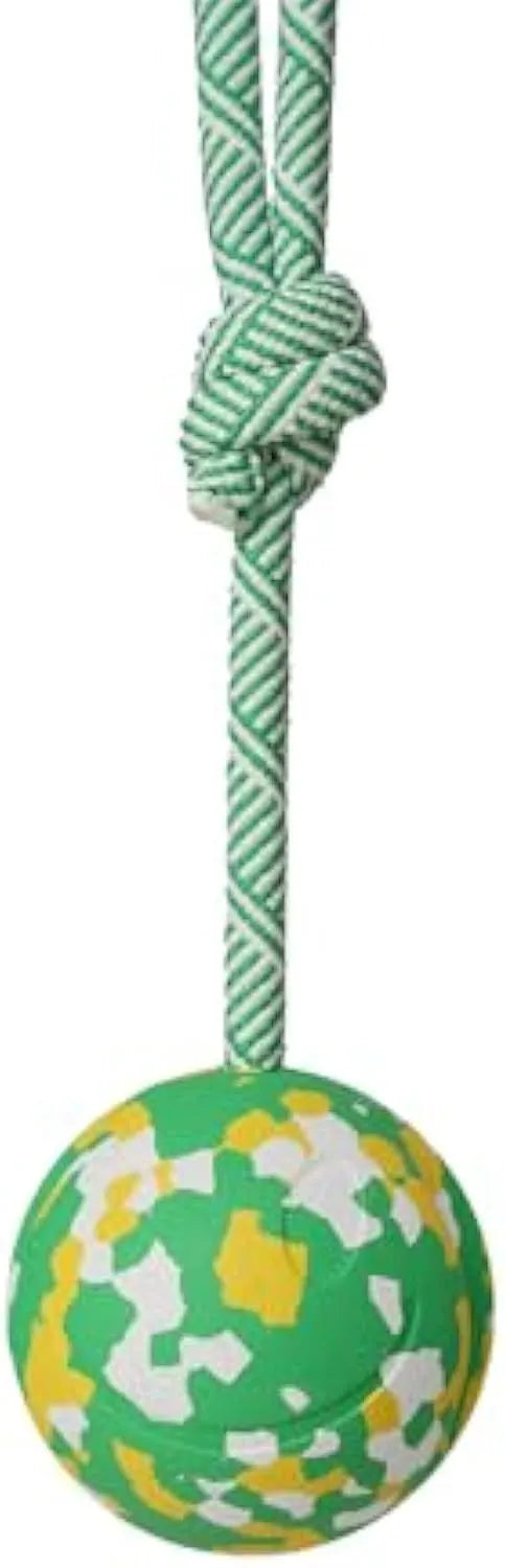 Natural rubber dog ball on nylon rope toy for medium and small dogs with 2.4 inch ball diameter