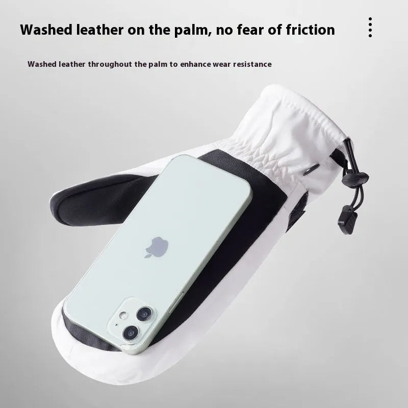 Black windproof touch screen cycling mittens on a handlebar.