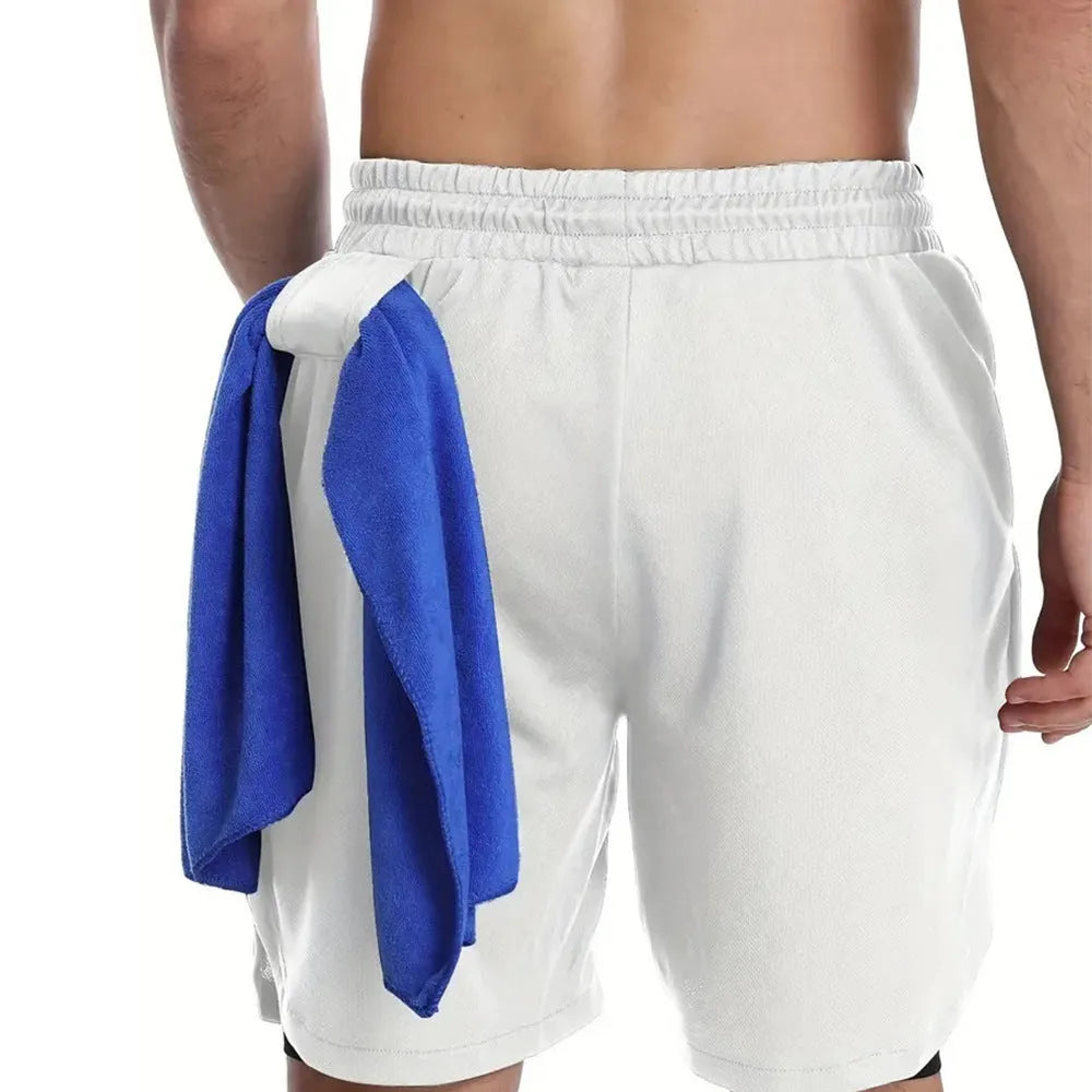 Men's camouflage print double-layer quick-drying sports shorts in various colours on a size chart.