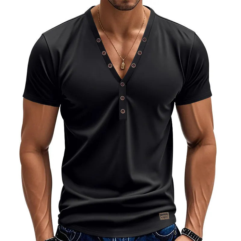 Men's loose fitting solid colour V-neck pullover top with button detail on the collar.