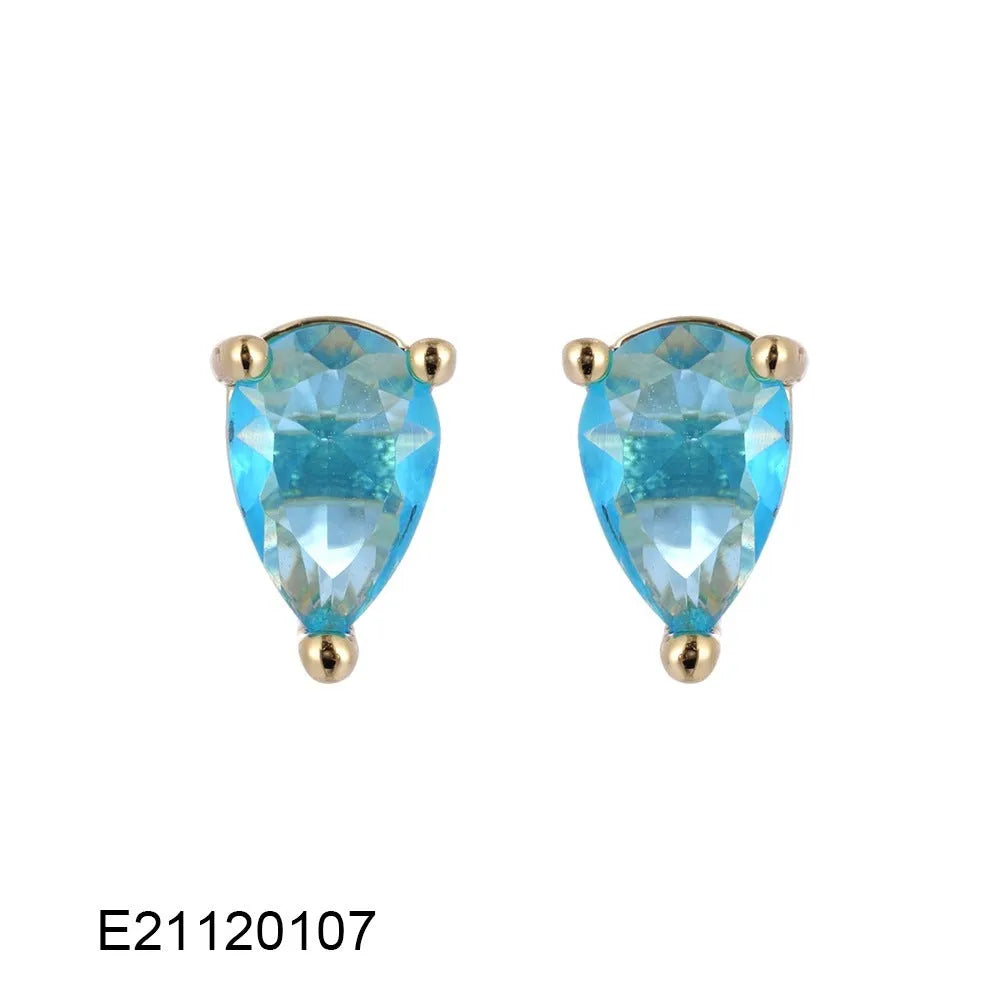 Gold-plated drop earrings with a pear-shaped candy-coloured zircon stone on a copper base.