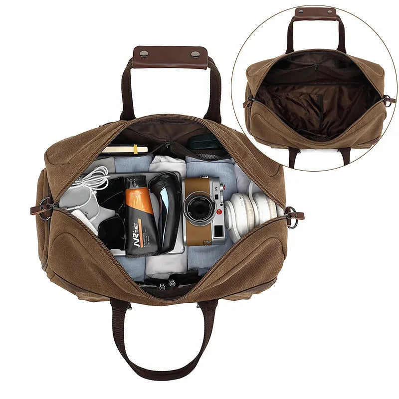 Large canvas crossbody travel bag in retro style with visible sewing lines