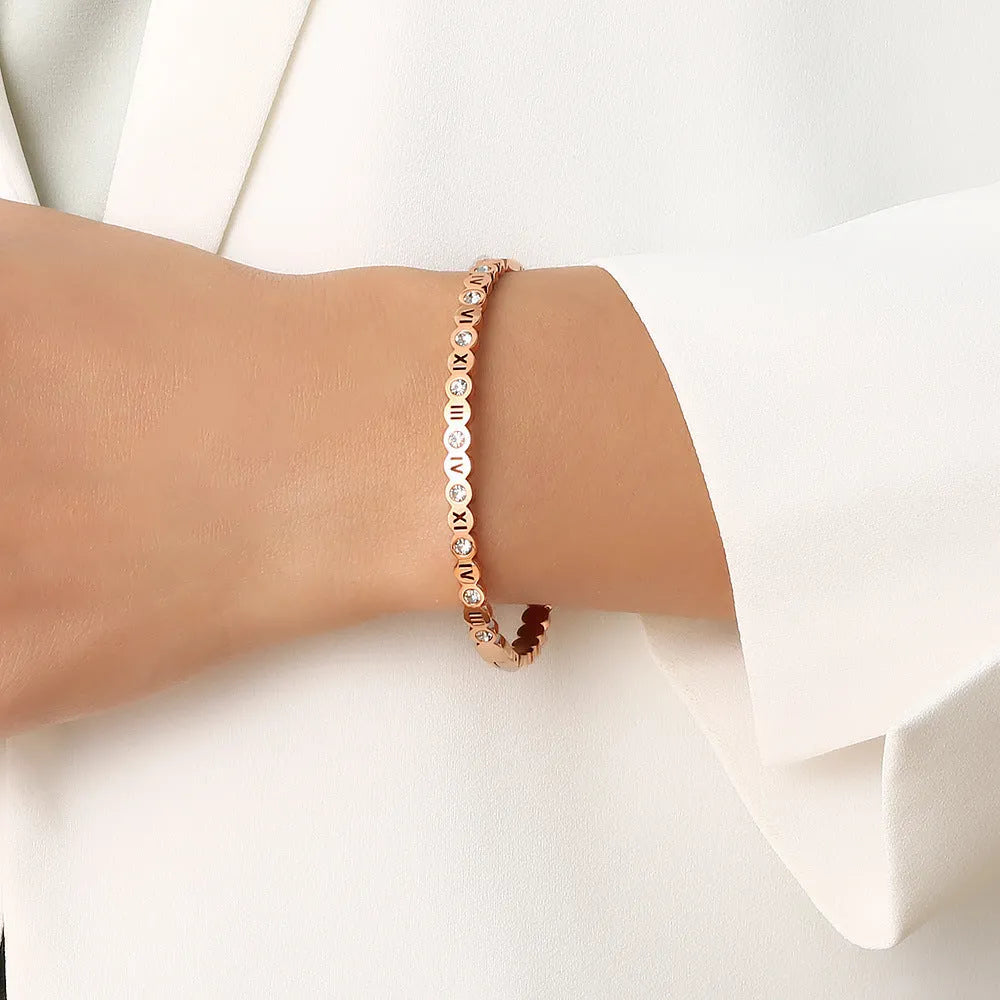 Korean style titanium steel bracelet with number design in electroplated gold, rose gold, or steel colour