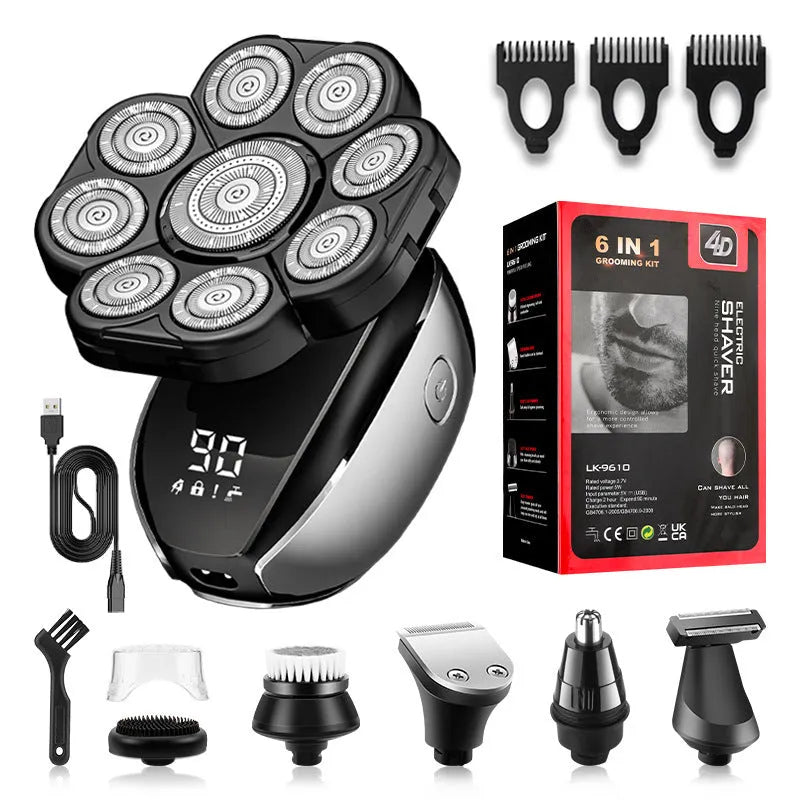 Black rechargeable 6-in-1 multifunctional hair clippers shaver kit with attachments displayed