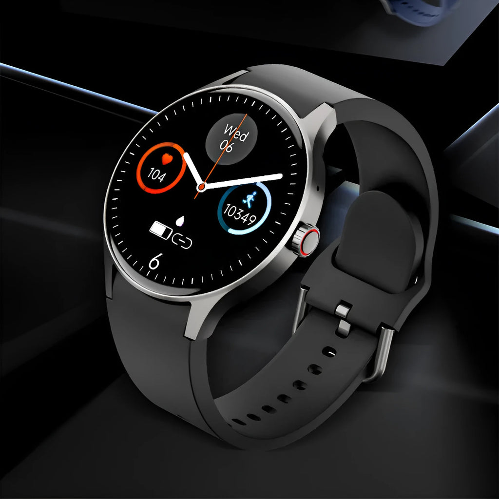 Smart Bluetooth sport watch with round display showing fitness metrics on wrist