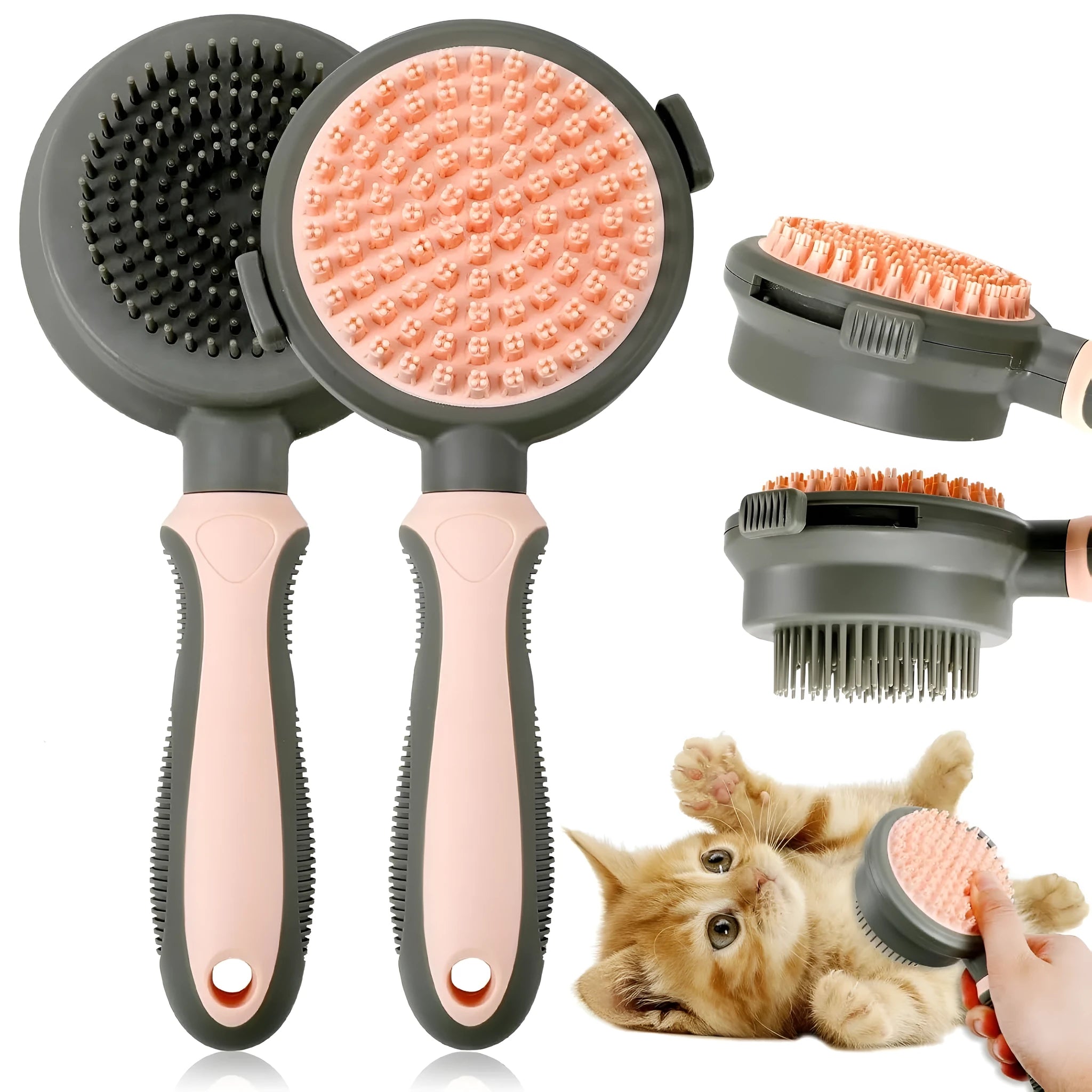 Pink and green double-sided cat grooming brush with release button and separate flea comb