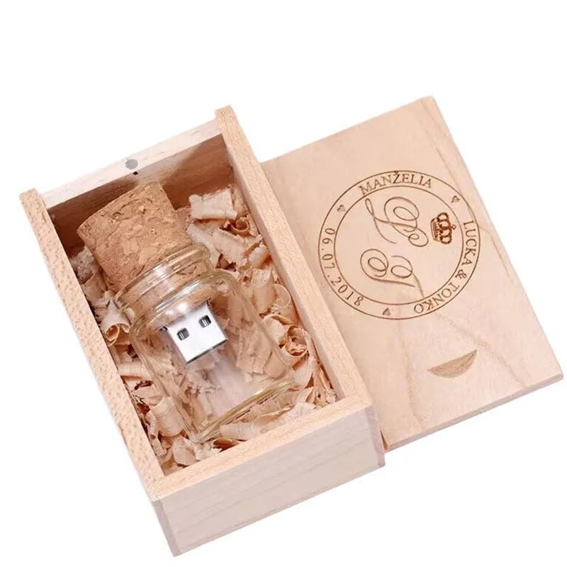 Transparent wooden wish bottle design USB flash drive on a white background.