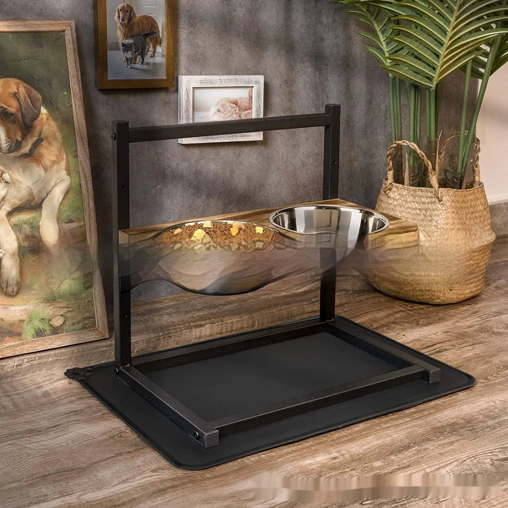 Large black iron stand holding two dog bowls for elevated feeding.