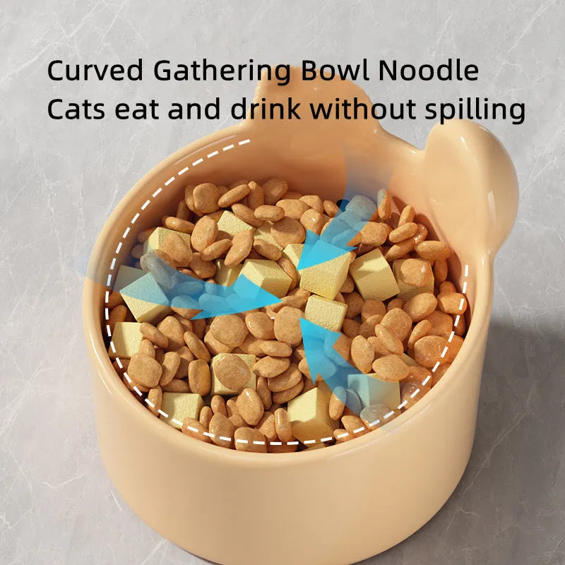 Ceramic pet feeding bowls with neck protection design in white and yellow colours