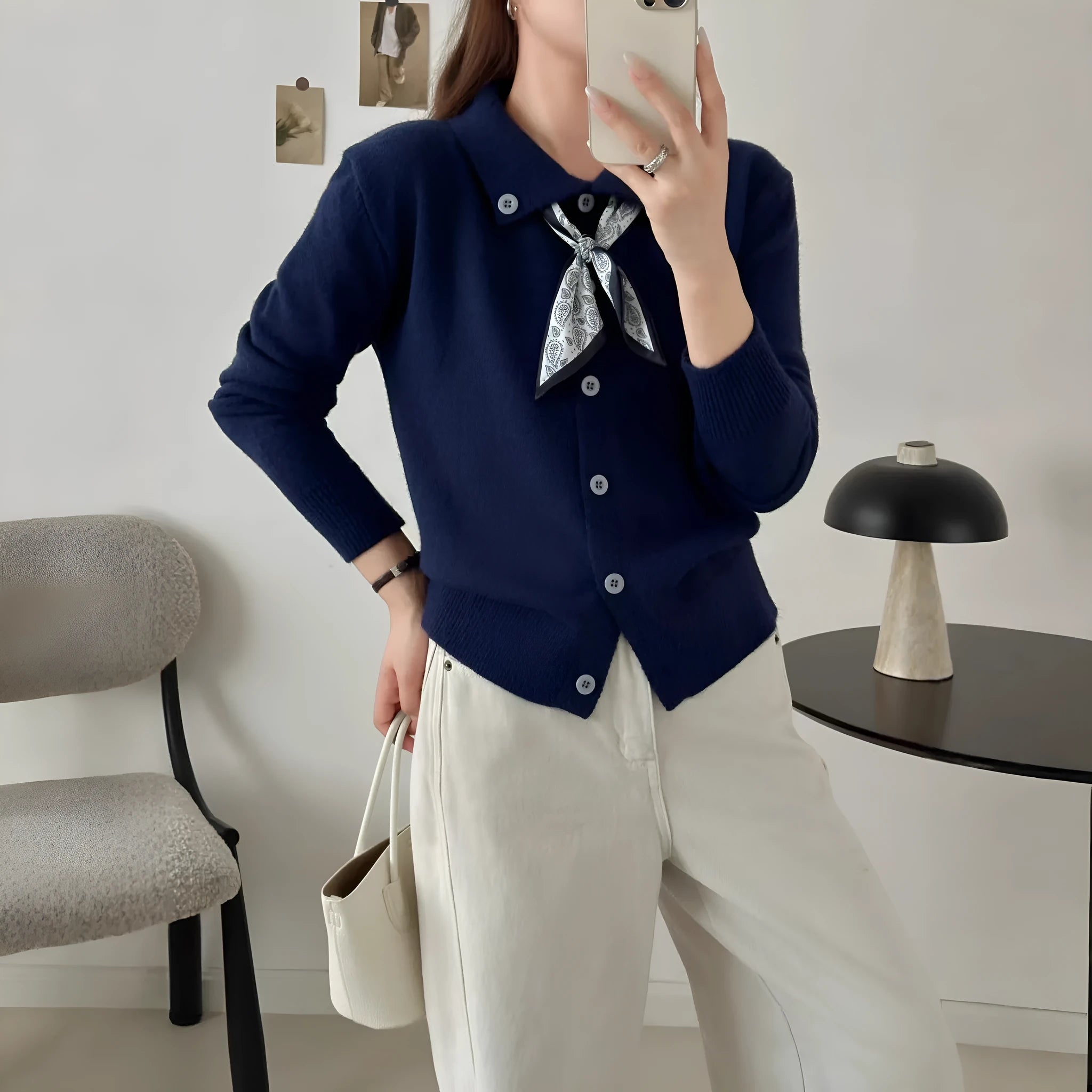 Lapel scarf sweater cardigan in acrylic fibre with regular long sleeves and splicing details