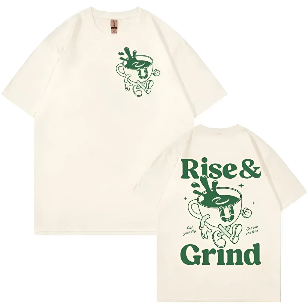 Man's loose-fit linen-blend t-shirt with Rise And Grind green coffee cartoon print